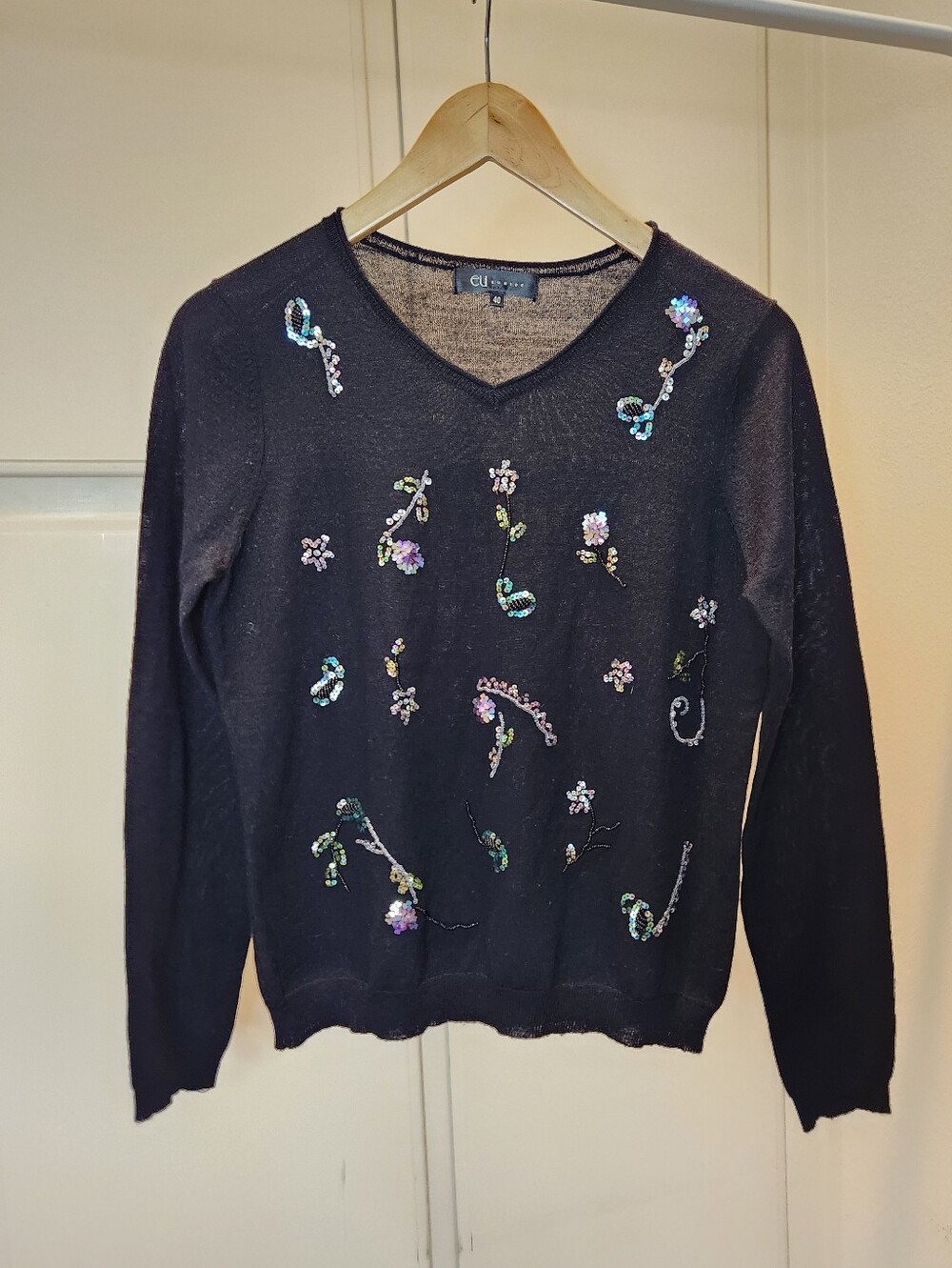 Eu eunice black with colorful floral beads pattern long sleeves top